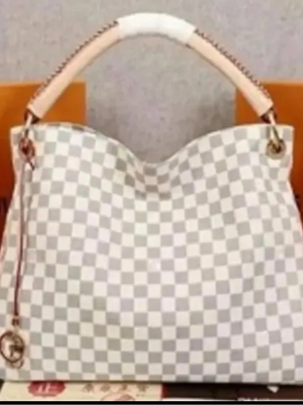 Designer-Style White Checkered Tote Bag